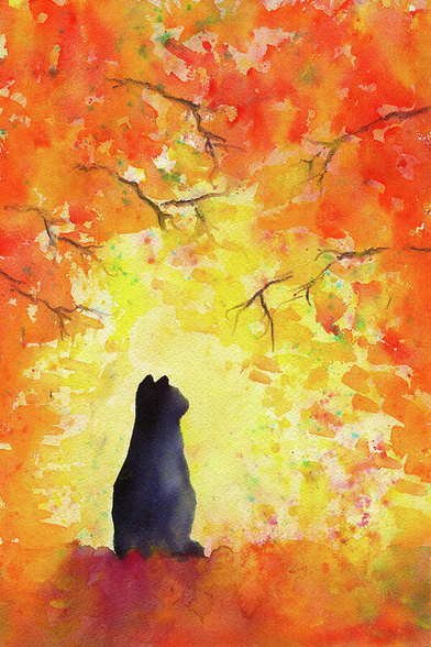 Cat in Fall Foliage is a handpainted watercolour painting in portrait format painted by the artist Karen Kaspar.  A black cat sits under trees in autumn and is surrounded by colourful leaves in warm fall colors of yellow, orange and red. She looks into the distance and enjoys the warming rays of the autumn sun, which bathes the leaves on the trees in golden light. The painting creates a calm and peaceful atmosphere.