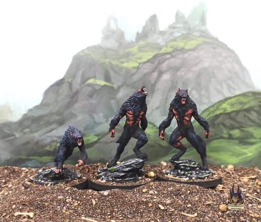 Three werewolves, one crouching, one standing arched and howling, one standing alert, with a mountain behind them, ontop of which stands a ruined temple
