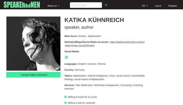 Sreenshot of Katika Kuehnreich's Speakerinnen page https://speakerinnen.org/en/profiles/katika-kuhnreich