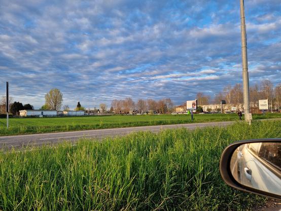 The image shows a rural scene with a field of green grass in the foreground. There is a road running parallel to the field, and beyond it are several trees and a few scattered buildings or structures. A partly cloudy sky is overhead, with some blue patches visible. A car's side mirror is seen on the right side of the image.