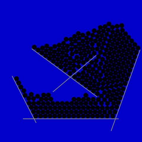a composition for black balls between some white lines on a blue background
(resulting from simultating 2D physics, the black balls fall with gravity and are held by the white lines)
