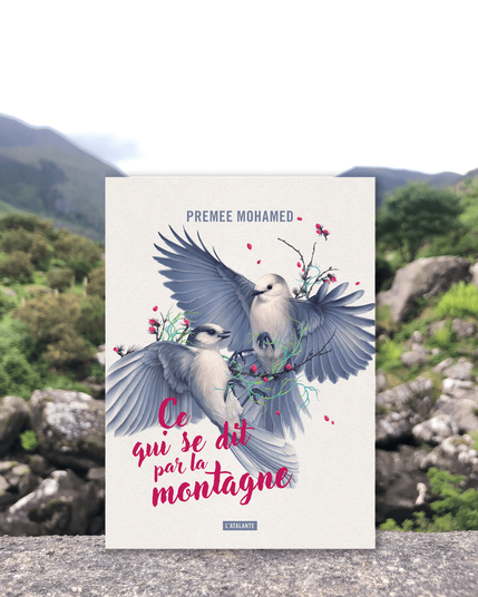 Livre posé sur une pierre entre deux montagnes en fond. La couverture du livre montre deux oiseaux en vol avec une branche de framboisier et des volutes vertes.