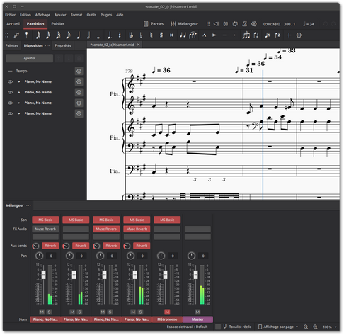 🕶️ A view of its IU (v.4.5, on my Linux PC, on a dark theme), with the menus at the top, the list of instruments used on the score on the left (a 4-hand piano, for the performance of Beethoven's Sonata No. 2 in c sharp minor, Op. 2 No. 2 (1794-95), downloaded on kunstderfuge.com), the score on the right, and the settings and bar graph for each instrument at the bottom, allowing you to add reverb and, if desired, change the volume for each instrument.

📚️ MuseScore is a libre, multi-platform, professional-quality WYSIWYG music score editing tool. It allows the sharing of works, and offers the largest library of musical scores available online (more than 1000,000 scores, available to the public), while respecting copyright. It is both easy to use and powerful, allows input from a MIDI keyboard, supports audio & MIDI playback of the score as well as importing and exporting files in different formats, and allows you to write music for any kind of use (Piano, Guitar, Orchestra, Jazz, Choir, Band, Marching, ...). It is translated into more than 50 languages.