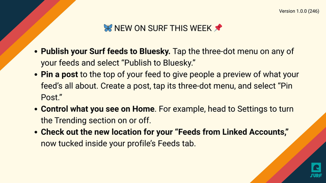 App release notes for Version 1.0.0 (246). Notes are on a cream background with diagonal design on the corners in Surf orange, red and blue. 
Text says:
 NEW ON SURF THIS WEEK 
Publish your Surf feeds to Bluesky. Tap the three-dot menu on any of your feeds and select “Publish to Bluesky.”
Pin a post to the top of your feed to give people a preview of what your feed’s all about. Create a post, tap its three-dot menu, and select “Pin Post.”
Control what you see on Home. For example, head to Settings to turn the Trending section on or off.
Check out the new location for your “Feeds from Linked Accounts,” now tucked inside your profile’s Feeds tab.