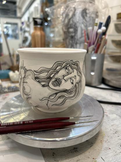 Dream of the Fisherman’s Wife handpainted Chawan in off-white stoneware