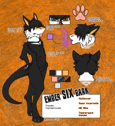 Kangaroo, Dragon, Canine hybrid of dark gray to ashen color fur with white muzzle, cheeks and neck and a V on chest.  Half nose bridge in orange and inner ears. Has Heterochromia Blue and brown.   Ref sheet.