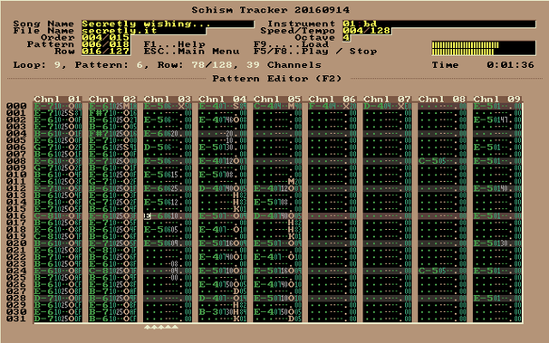 🕶️ A view of its UI with a musical composition playing. It looks outdated, written for a PC XT (which it is :), but what counts is the sound it makes ;). At the top are the song parameters, along with a bar graph and key recall, and below that the music channels with music codes.

📚️ Schism Tracker is a libre, multi-platform re-implementation of Impulse Tracker (DOS-based), used to create high-quality music without the need for expensive, specialized equipment, and with a unique "feel" that's hard to reproduce. Its player is based on a highly modified version of the ModPlug engine, with a number of bug fixes and changes to improve IT playback.