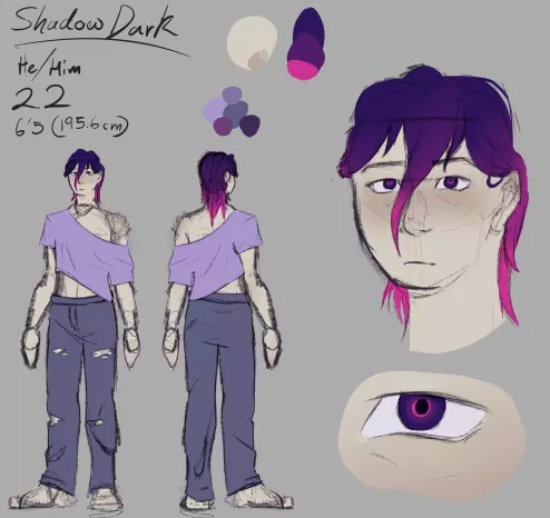 An OC ref sheet for a character named 'Shadow Dark' (He/Him, 22)
The sheet has a 6'5" (195.5 cm) tall pale skinned thin man who has dark purple hairs at the roots that fades to magenta at the tips.  
the full body has been mirrored and altered to show front/back
There's also a headshot, colour swatches, and an eye ref. His eye is the same colours as his hair, magental in the middle and goes out to the darker purple. 
Shadow is wearing an off-the-shoulder purple crop-top that'shaning off one shoulder. He also has baggy ripped pants, rips at the mid-thigh and knees.