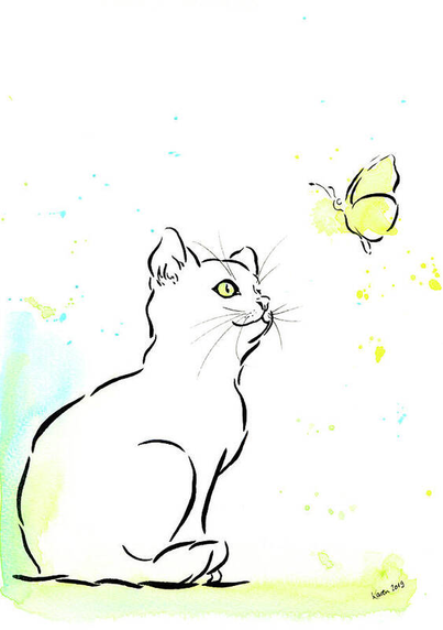 Friendship is a painting in portrait format by artist Karen Kaspar. A cute cat is sitting on the floor and is looking curiously up to a butterfly which is looking back at the kitty. The animals are drawn with black ink on a white background. Loose paint splashes of yellow and blue watercolor are coloring the butterfly, the cats eye and the background.