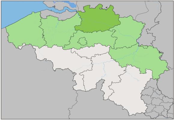 Map of Belgium indicating that I’ve found at least one cache in each Flanders’ province, Liege province and Brussels