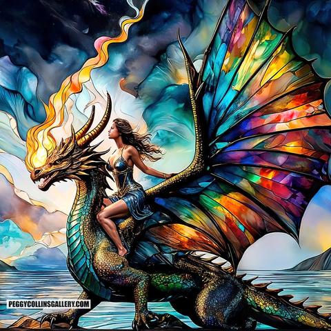 Artwork of a woman riding a fire-breathing dragon, symbolic of female empowerment, by artist Peggy Collins.
