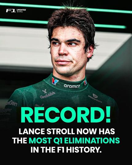 A picture of Lance Stroll. Words read: Recond! Lance Stroll now has the most q1 eliminations in the f1 history.
