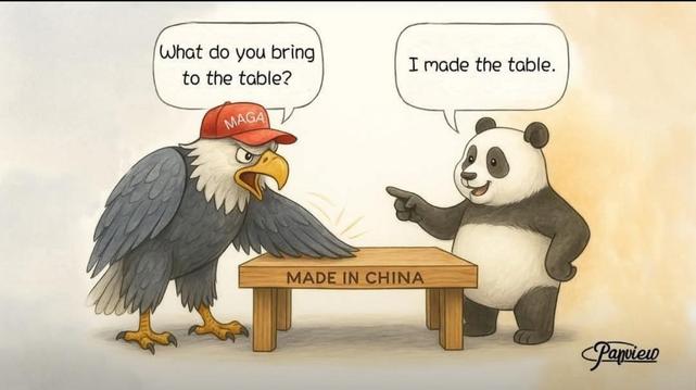 The American Eagle wearing a MAGA cap asks, "What do you bring to the table?" to which the Chinese Panda answers, "I made the table."