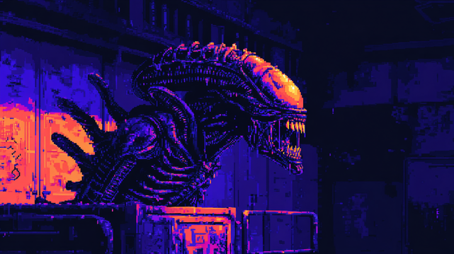Monstre Pixelisé.
Créature extraterrestre terrifiante rendue en pixel art avec une palette de couleurs saturées violettes et orange, surgissant d’un décor industriel rétro-futuriste.
Terrifying alien creature rendered in pixel art with saturated purple and orange tones, emerging from a retro-futuristic industrial setting.