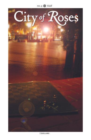 No. 9, “Giust.” A brick-paved plaza, downtown, at night; here in the foreground on a brick bulwark a trompe l’œil chessboard of bronze, seemingly just unrolled for a game, with a handful of pieces casually set at one corner, notable among them a bishop and a king. Streetlights blaze about the edges of the plaza, and the neat sandstone façade of the post office across the street.