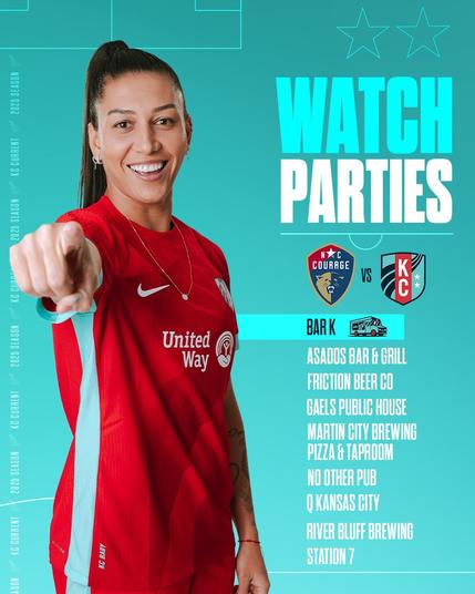 Bia Zaneratto in a red kit pointing forward with a teal background, text on the right showing watch party locations for NC Courage vs. KC Current.

Transcribed Text:

WATCH PARTIES
NC Courage vs KC crests
Teal Mobile at Bar K
ASADOS BAR & GRILL
FRICTION BEER CO
GAELS PUBLIC HOUSE
MARTIN CITY BREWING PIZZA & TAPROOM
NO OTHER PUB
Q KANSAS CITY
RIVER BLUFF BREWING
STATION 7