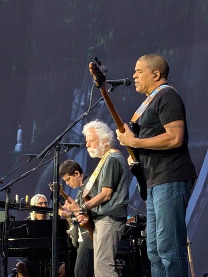 A lineup of musicians: bass player, two guitars, keyboards