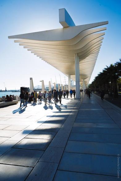 A modern architectural promenade in Malaga, Spain, featuring a striking white canopy with undulating lines casting dramatic shadows on the pavement, as people stroll beneath it on a bright, sunny day; palm trees line the right side, and the harbour is visible to the left.