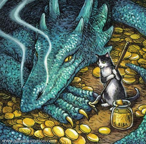 Ink and watercolor illustration of a blue dragon laying on gold coins. A tuxedo cat is painting its nails gold.