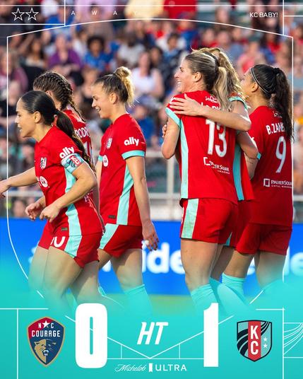 Halftime graphic for NC Courage v KC Current. Current leads 0-1.