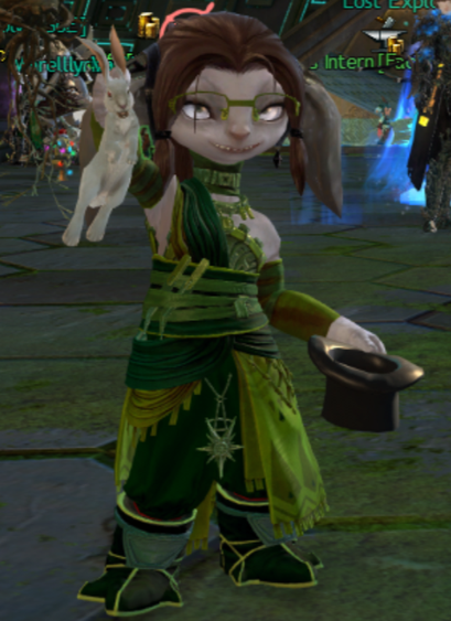 A smug asura showing you a white rabbit she pulled out of a black top hat.