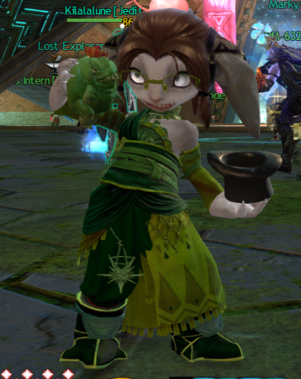 An asura who has just pulled a small choya, a sentient cactus, out of a top hat. She looks very shocked, and a little embarrassed.