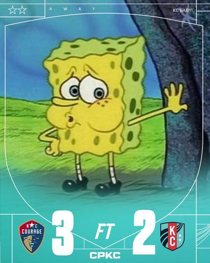 Full time graphic for NC Courage v KC Curren. Photo in graphic is Spongebob Squarepants exhaling and out of breath while leaning on a rock. 

Transcribed  text: 

FT
NC Courage crest: 3

KC Current crest: 2

CPKC Logo in the bottom center