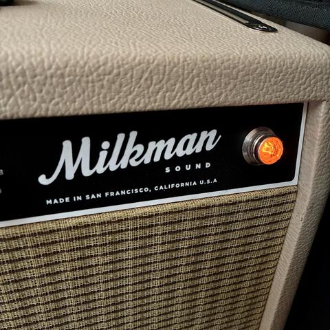 Closeup of Milkman logo and power jewel on Half Pint amp