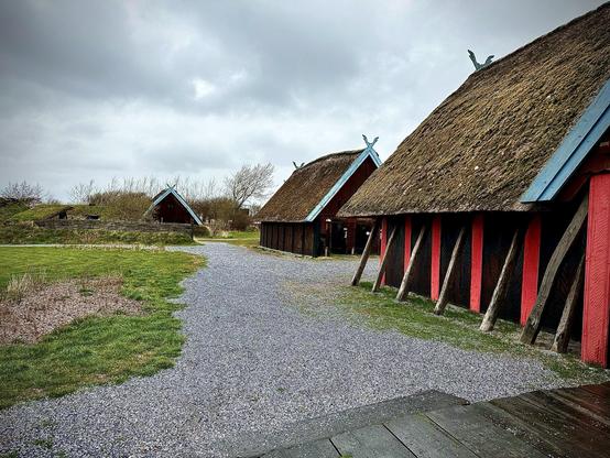 The image shows a rural setting featuring three traditional structures with thatched roofs. The buildings appear to be of historical or cultural significance, possibly representing an open-air museum or a preserved historical site. Each building sports a vibrant blue trim with red accents and large wooden beams structured vertically along the walls. The roofs are topped with what looks like Viking-style ornaments, indicating a possible Scandinavian or Northern European origin. A gravel path leads through the scene, adding to the serene and rustic feel of the location. The sky is overcast, suggesting a cool or damp climate.