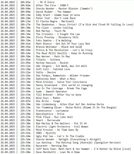 Die Playlist der gestrigen Samstagsshow mit dunkler Schrift auf hellem Grund.
Folgende Spalten von Links nach Rechts:
Datum, Uhrzeit, Interpret*Innen und Titel

26.04.2025 |  20h:01m  |  - Mr B Intro
26.04.2025 |  20h:02m  | After The Fire - 1980-F
26.04.2025 |  20h:04m  | Stevie Wonder - Master Blaster (Jammin')
26.04.2025 |  20h:09m  | David Rudder - The Hammer
26.04.2025 |  20h:14m  | Eddy Grant - Gimme hope jo'anna
26.04.2025 |  20h:18m  | Peter Tosh - Don't Look Back
26.04.2025 |  20h:23m  | El Flecha Negra - Maritxell
26.04.2025 |  20h:27m  | The Deadnotes - Jesus Christ! (I'm Sick And Tired Of Falling In Love)
26.04.2025 |  20h:30m  | The Clash - London Calling
26.04.2025 |  20h:34m  | Bob Marley - Touch Me
26.04.2025 |  20h:34m  | The Crickets - I Fought the Law
26.04.2025 |  20h:36m  | Elvis Presley - Blueberry Hill
26.04.2025 |  20h:39m  | Fats Domino - I'm Walking
26.04.2025 |  20h:41m  | Matt Bianco - Get Out Of Your Lazy Bed
26.04.2025 |  20h:45m  | Brenna Whitaker - Black And Gold
26.04.2025 |  20h:49m  | Prince & The Revolution - Let's Go Crazy
26.04.2025 |  20h:54m  | The Real Milli Vanilli - Keep On Running
26.04.2025 |  20h:58m  | Max Werner - Rain In May
26.04.2025 |  21h:02m  | Titanic - Sultana
26.04.2025 |  21h:05m  | Herbie Hancock - Rockit
26.04.2025 |  21h:11m  | Udo Jürgens - Ich Weiß, Was Ich Will
26.04.2025 |  21h:18m  | Soft Cell - Tainted Love
26.04.2025 |  21h:21m  | Yello - Desire
26.04.2025 |  21h:25m  | Die Puhdys, Rammstein - Wilder Frieden
