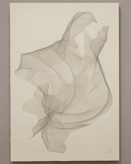 An abstract drawing produced by a robotic pen plotter using a generative algorithm. Thousands of graphite pencil strokes produce a flowing, organic form on cream colored paper.