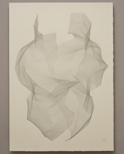 An abstract drawing produced by a robotic pen plotter using a generative algorithm. Thousands of graphite pencil strokes produce a flowing, organic form on cream colored paper.