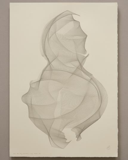 An abstract drawing produced by a robotic pen plotter using a generative algorithm. Thousands of graphite pencil strokes produce a flowing, organic form on cream colored paper.