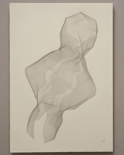 An abstract drawing produced by a robotic pen plotter using a generative algorithm. Thousands of graphite pencil strokes produce a flowing, organic form on cream colored paper.