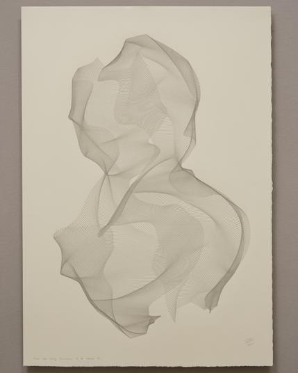 An abstract drawing produced by a robotic pen plotter using a generative algorithm. Thousands of graphite pencil strokes produce a flowing, organic form on cream colored paper.
