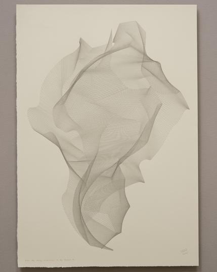 An abstract drawing produced by a robotic pen plotter using a generative algorithm. Thousands of graphite pencil strokes produce a flowing, organic form on cream colored paper.