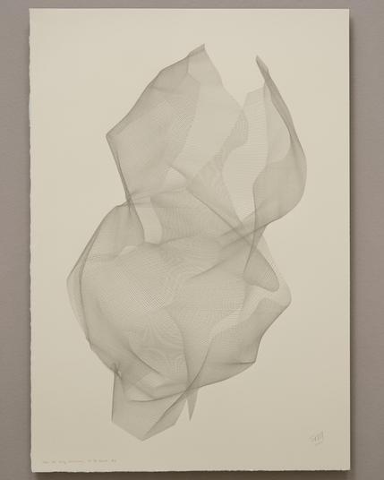 An abstract drawing produced by a robotic pen plotter using a generative algorithm. Thousands of graphite pencil strokes produce a flowing, organic form on cream colored paper.