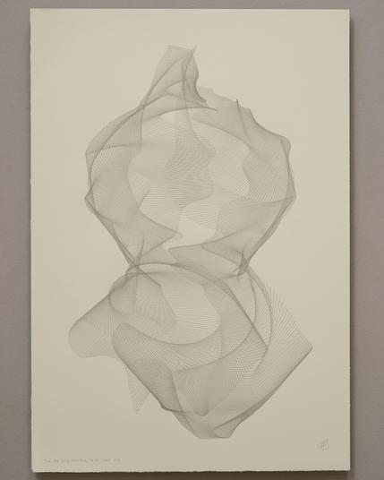An abstract drawing produced by a robotic pen plotter using a generative algorithm. Thousands of graphite pencil strokes produce a flowing, organic form on cream colored paper.