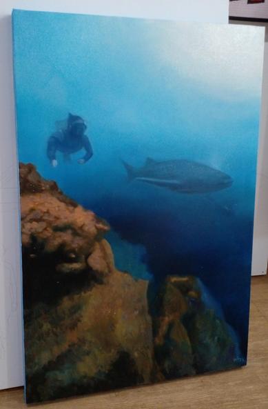 a painting of a figure scuba diving in blue waters, a very large fish on his left, some rocks in the foreground