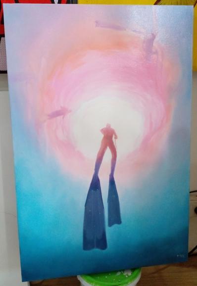 a painting, taken from below, looking up  at the surface, a diver is swimming upwards, his long flippers on his feet in the center, pink bright light coming from the center