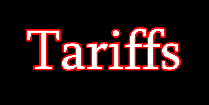 The word 'tariffs' written with a red borderline on a black background.