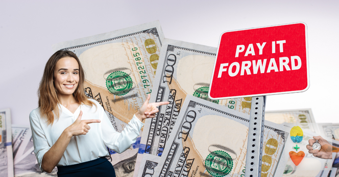 Branded art for my free weekly newsletter. Background is of $100 USD bills. A street sign is superimposed over them which reads "PAY IT FORWARD." At the left is a woman pointing to the sign.