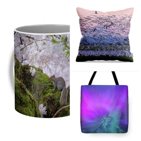 Mother’s Day gift ideas, a Coffee Mug with a squirrel in a moss covered cherry tree; a Throw Pillow with hundreds of Snow Geese flying in pink sunset afterglow and a Tote Bag with vibrant pink and green Aurora.