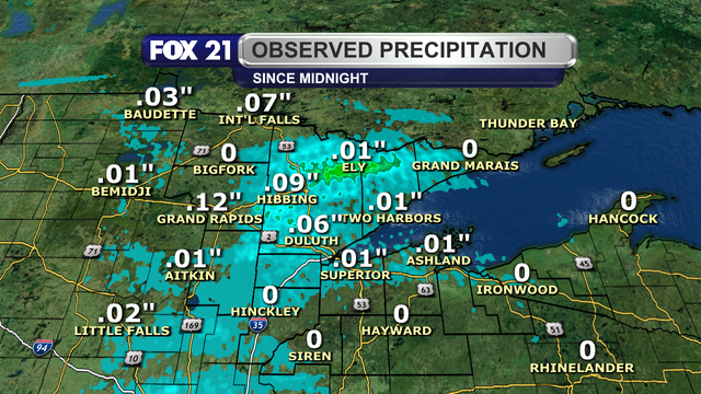 From midnight through 1:30 p.m. on April 27, 2025, precipitation totals observed at airports across the Northland range from nothing to 12-hundredths of an inch.  Radar estimations do show a corridor in northern St Louis and northern Lake counties where over 0.25-inches fell.