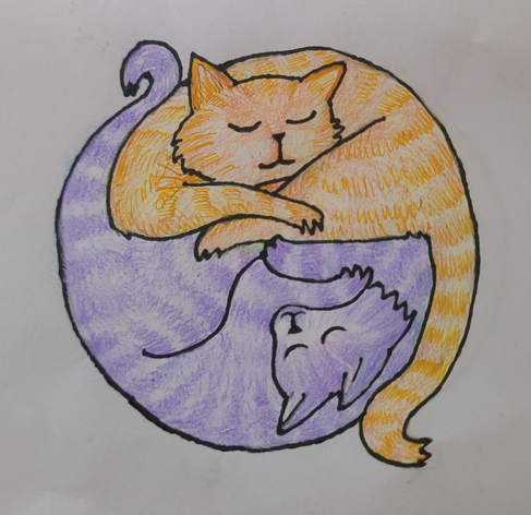A pen, ink and colored pencil drawing of two stripedy cats curled up in a kind of yin-yang formation. One cat is orange and the other is purple.