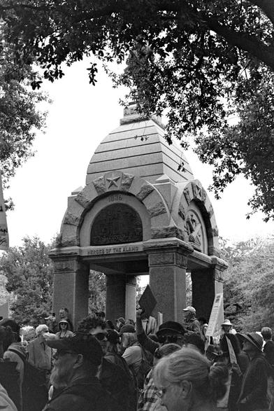 Protesters around the Alamo Heroes monument at the Texas Capitol, which I think is a cupola if anyone is interested.
