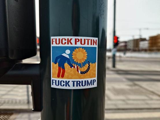 A rectangular sticker with an illustration of a person (decorated in the colours of the Russian flag) holding a sickle (decorated in the stars and stripes of an American flag) and cutting down a sunflower from a field of sunflowers (likely suggestive of the Ukrainian flag, which is blue (sky) and yellow (field) representing a typical agricultural scene in Ukraine). The text 'FUCK PUTIN' is written in red at the top, and 'FUCK TRUMP' is written in blue at the bottom. The sticker is placed on a dark green pole.