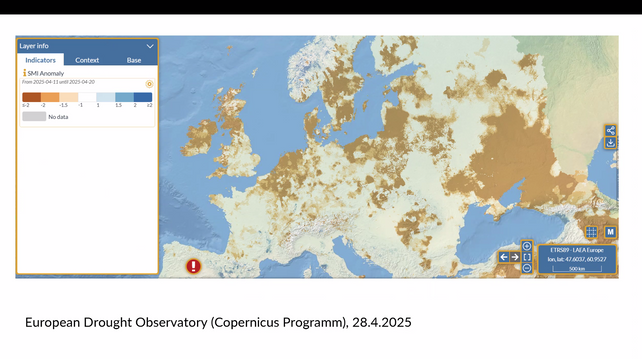 Trockenheit in Europa, Karte des European Drought Observatory zeigt das Ausmaß der Dürre in Europa. Am trockensten ist es in Nordwest-Deutschland, den Niederlanden, den baltischen Ländern, Dänemark, Schweden, Irland, Schottland, Nordengland und der Ukraine.