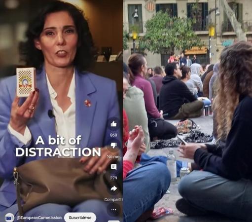 A la izquierda: captura de pantalla de la Comisaría europea Hadja Lahbib enseñando una vbaraja en la mochila de emergencia de la UE. 
A la derecha: un grupo de chicas jugando a las cartas en una plaza de Barcelona durante el apagón.