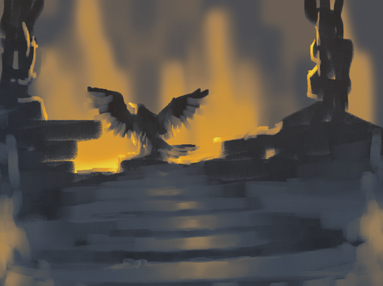 Goldish scenery of an avian on top of some stairs, with opened wings and a view on a bright light
